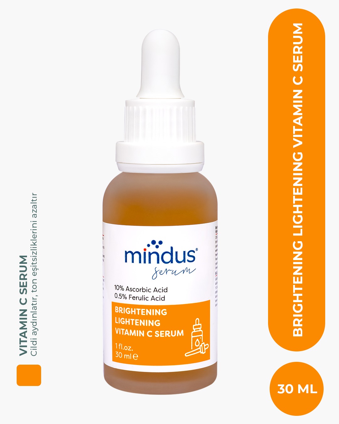 mindus C Vitamini Aydınlatıcı Ve Ton Eşitleyici Bakım Serumu 30 ml (Ascorbic Acid 10% & Ferulic Acid 0,5%)